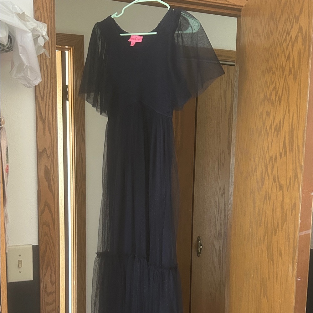 Navy  Sheer Maxi Dress with Flutter Sleeves